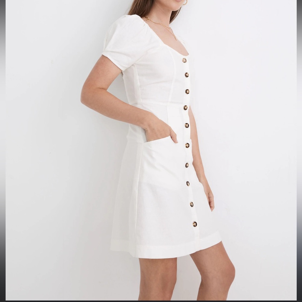 NEW Madewell Dress Linen Puff Sleeve Mini Smocked Tortoise Button Pockets‎ 14W
